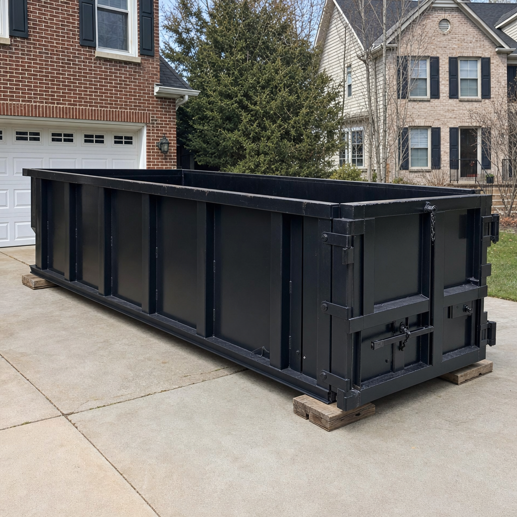 Matte-black 20-yard roll-off container at a Addison driveway with reinforced ribbed steel sidewalls and a hinged rear walk-in door, set on protective wooden planks.
