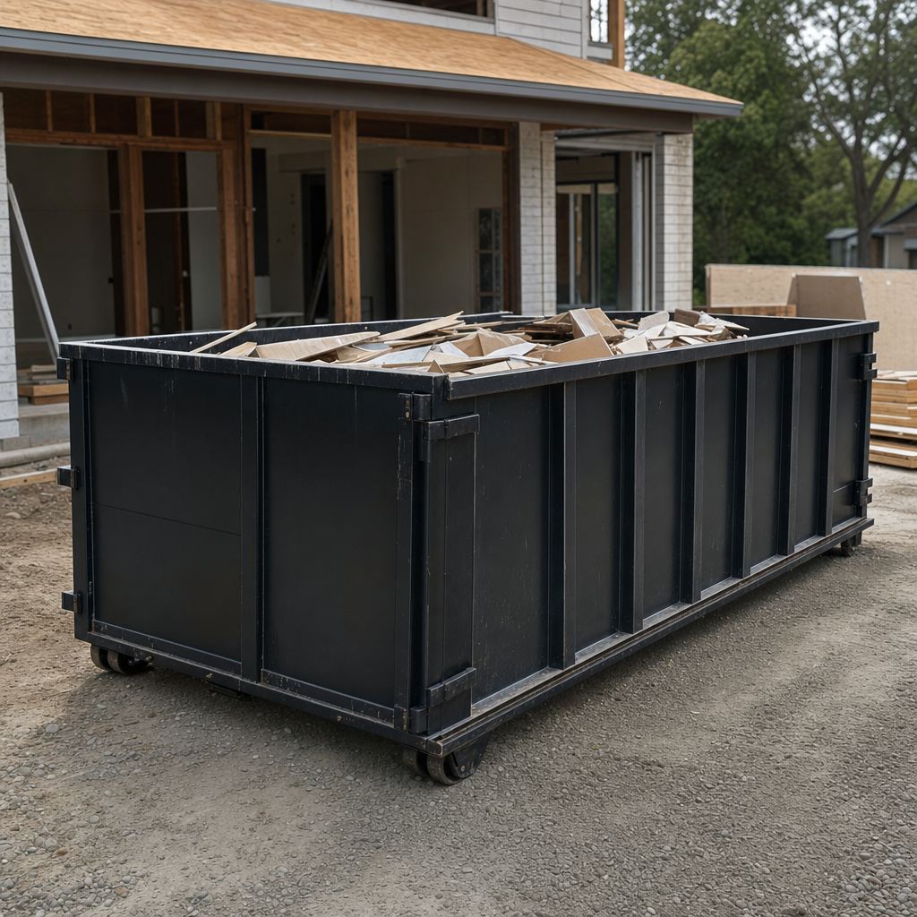 Large matte-black 30-yard construction roll-off dumpster at an active Addison jobsite, steel-gray top rails and bottom rollers visible, loaded with construction debris.