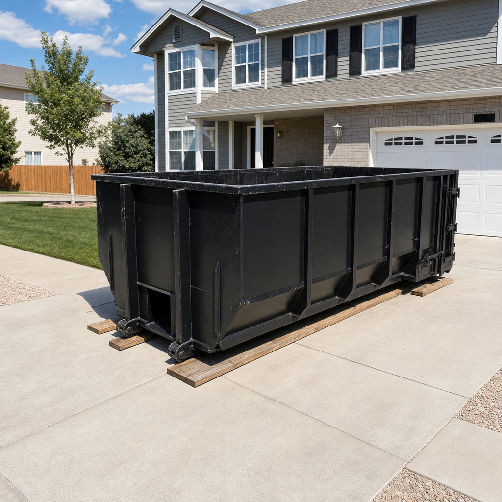 Matte-black 20-yard roll-off dumpster sitting level on wooden driveway planks at a quiet Addison residential street under bright daylight, demonstrating clean placement on a protected concrete driveway.