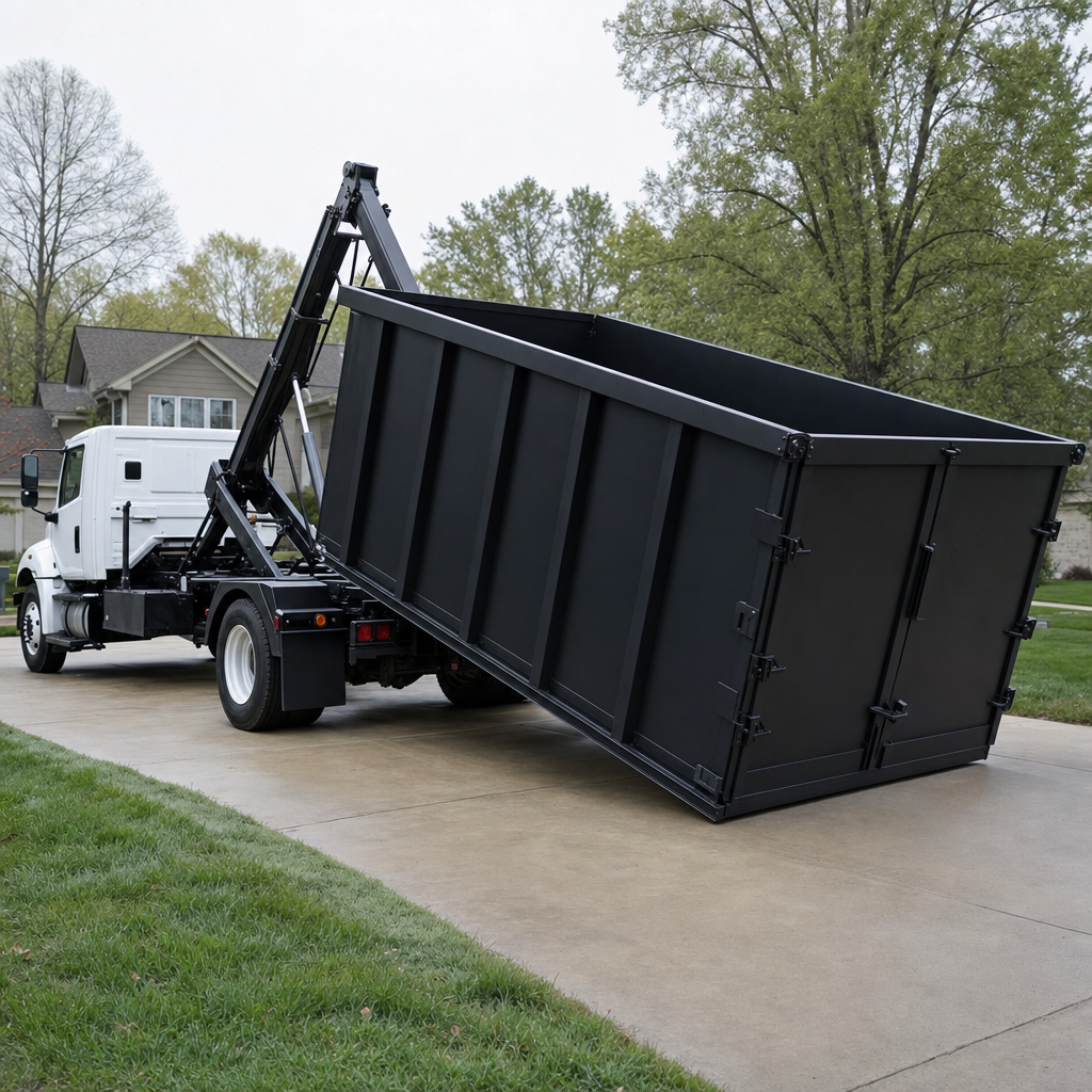 White-cab hooklift roll-off truck actively lowering a matte-black dumpster onto wooden planks at a Addison driveway, driver in high-visibility vest operating exterior hydraulic levers.
