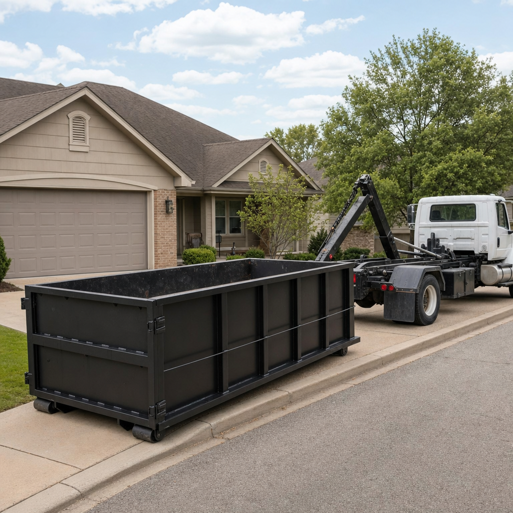 Wide documentary shot of a matte-black roll-off dumpster on a Addison residential driveway in the foreground and a contractor jobsite container in the soft-focus background, bright daylight, calm and orderly composition.