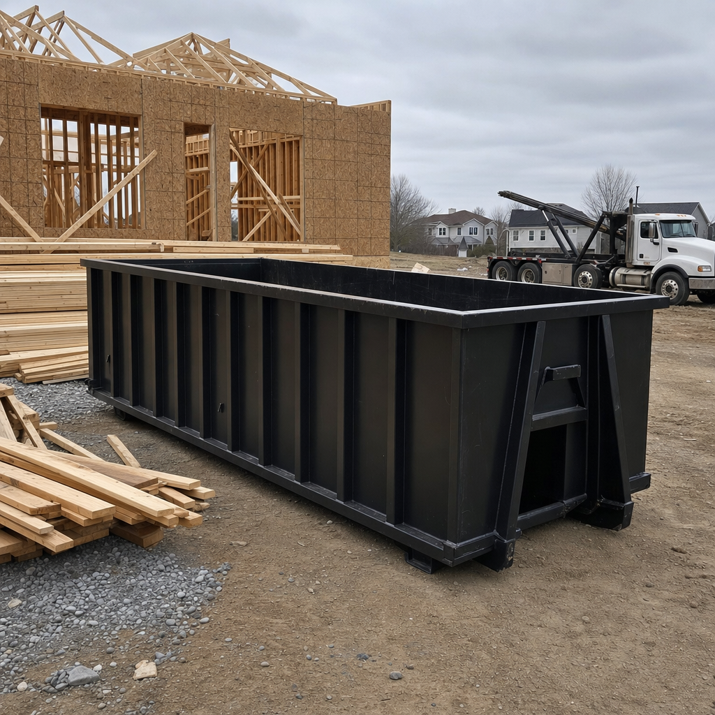 Matte-black 40-yard roll-off dumpster staged on a framed-out residential construction site in Addison, framing lumber stacked nearby, hooklift delivery truck visible in the background under bright Colorado daylight