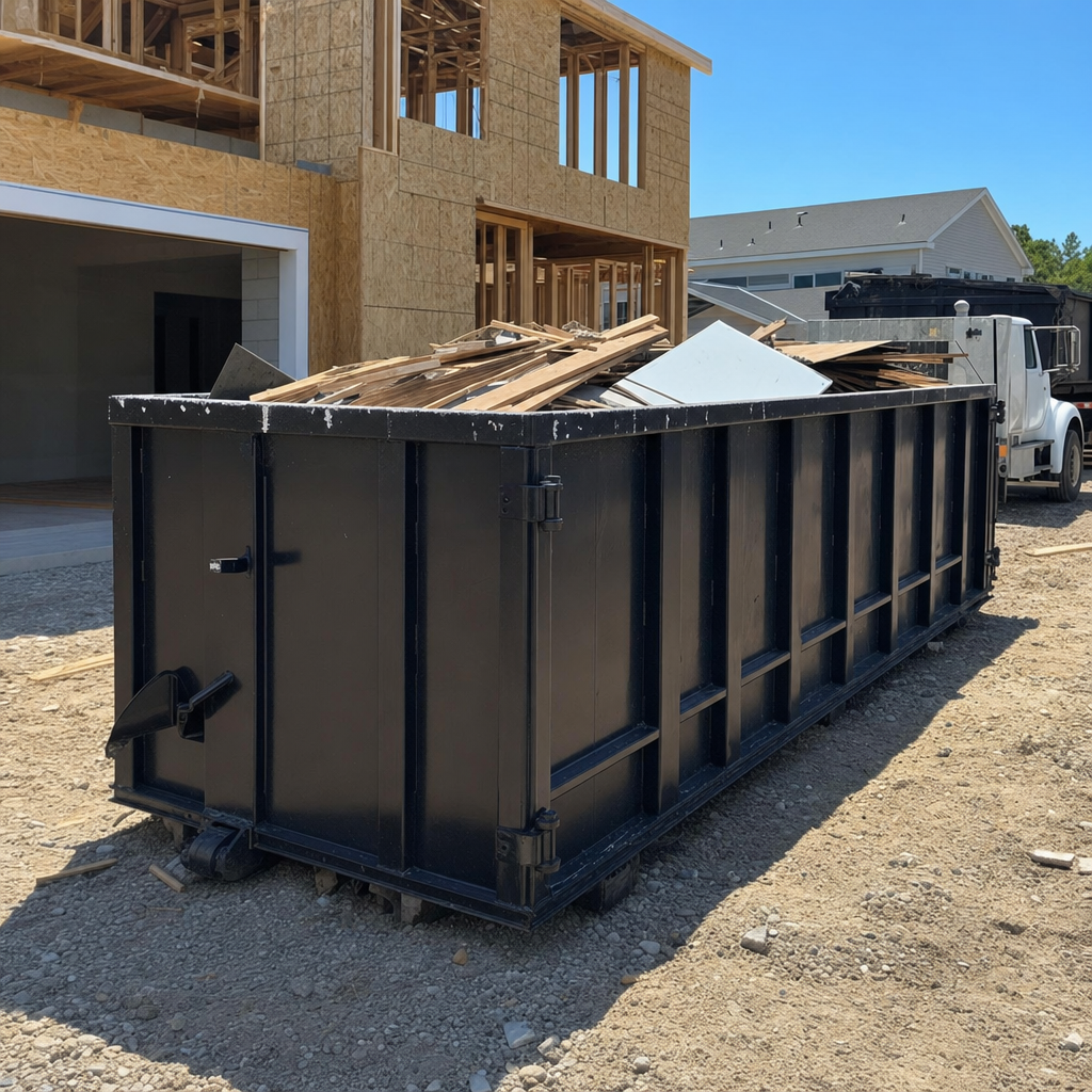 Matte-black 20-yard roll-off construction dumpster with heavy ribbed steel sidewalls and swing rear doors, photographed on a working jobsite in Addison
