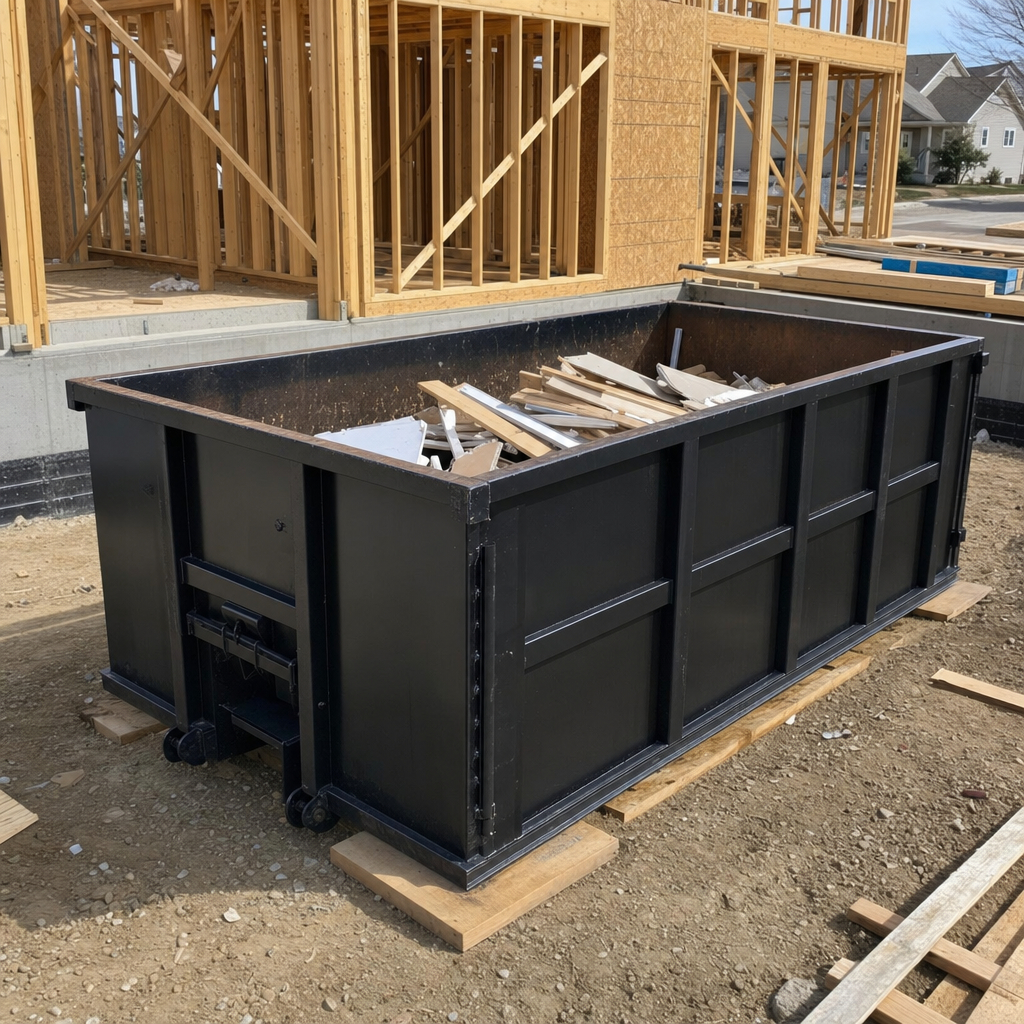 Matte-black 30-yard roll-off construction dumpster set on protective wooden planks at a framed single-family home build site in Addison, drywall and lumber scrap loaded inside