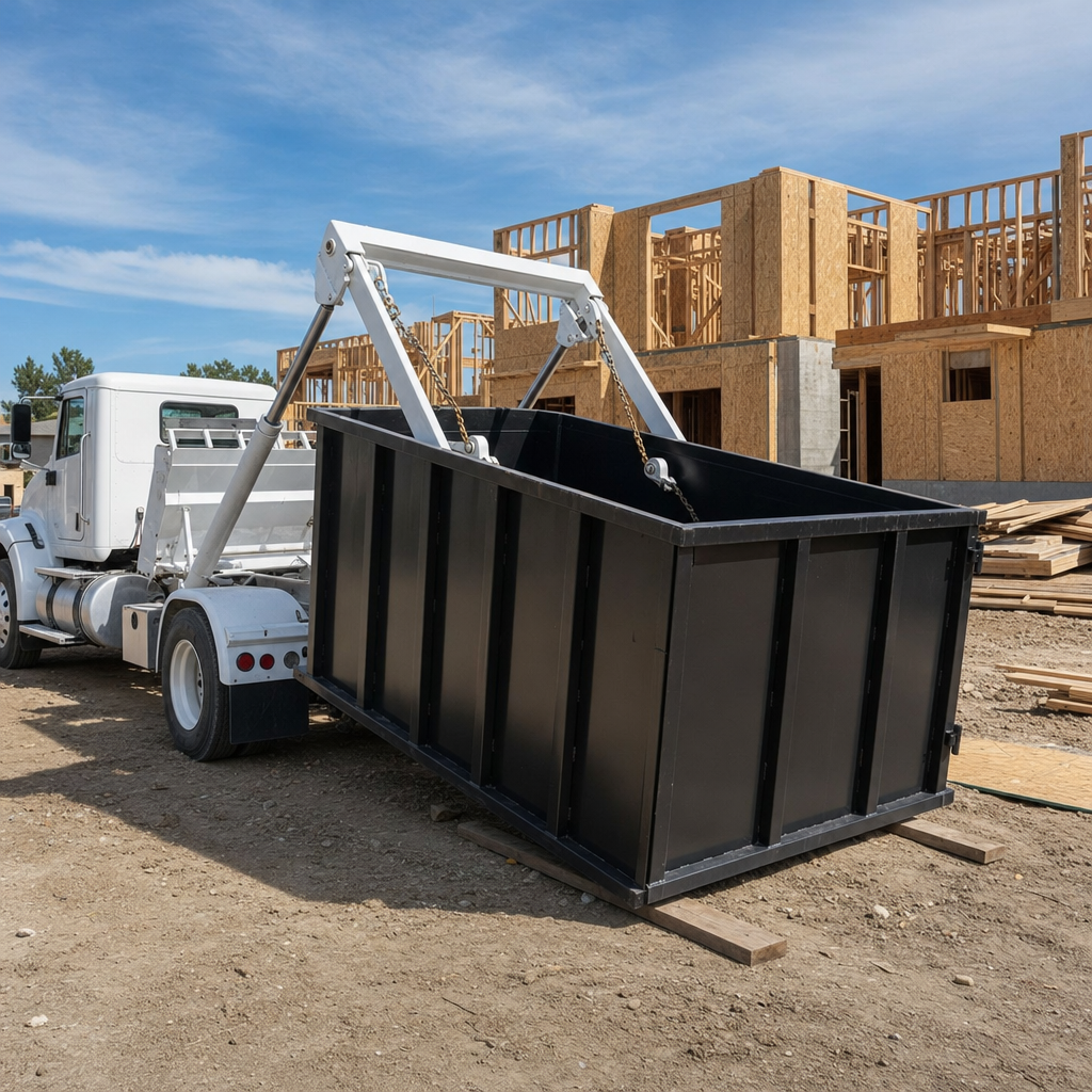 Matte-black 40-yard roll-off construction dumpster being lowered from a white-cab hooklift delivery truck onto wooden planks at a commercial build site in Addison