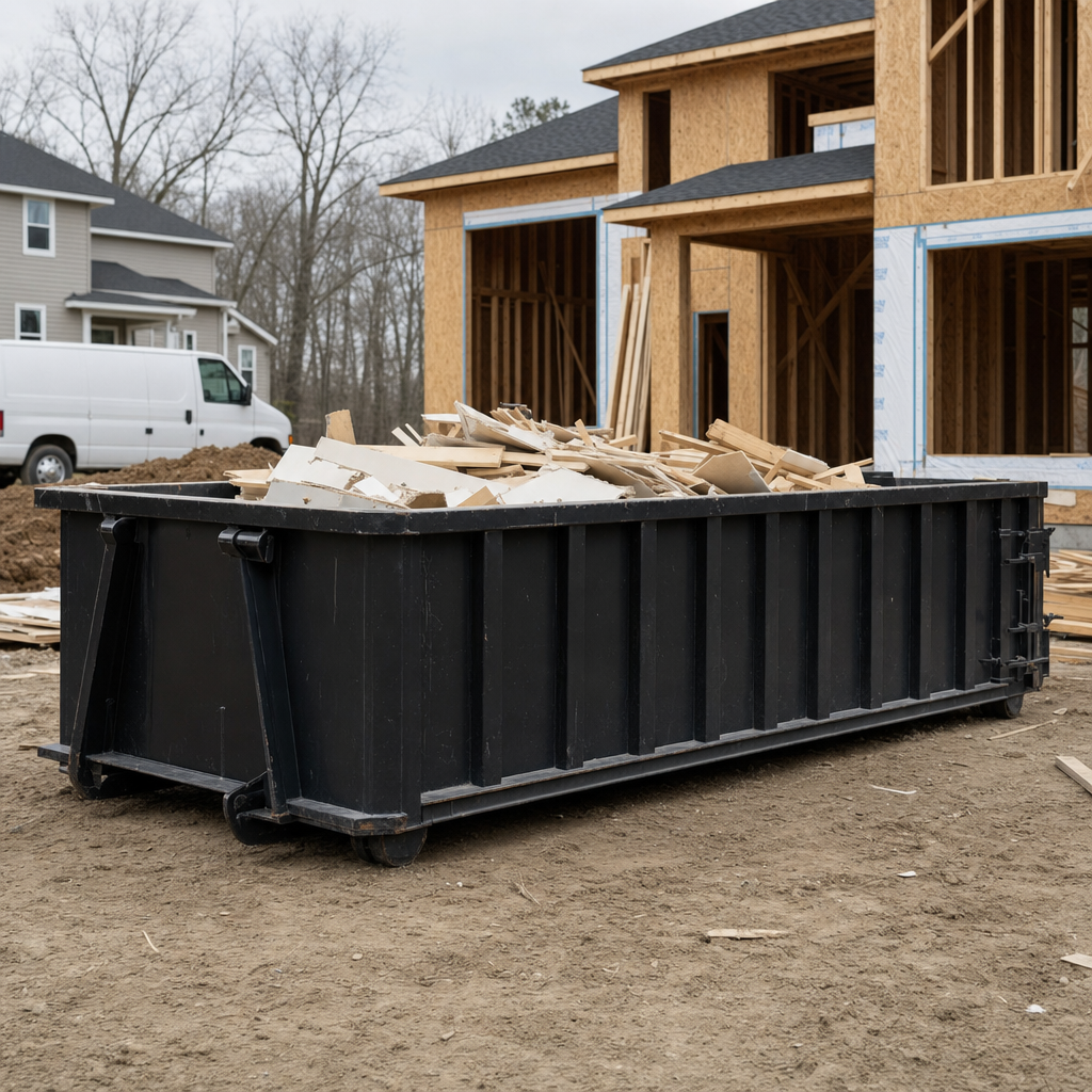 Worker in a yellow high-visibility vest tossing framing lumber and broken drywall into a matte-black 30-yard construction roll-off dumpster on an active build site in Addison, bright daylight