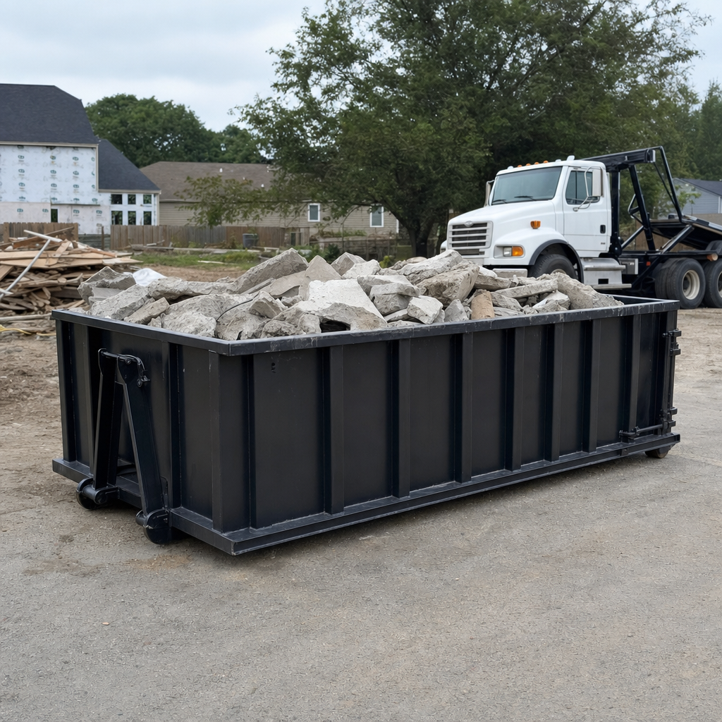 Low-profile matte-black lowboy roll-off dumpster loaded with broken concrete slab and rebar at a foundation tear-out in Addison, skid steer parked beside it, sunny Colorado morning