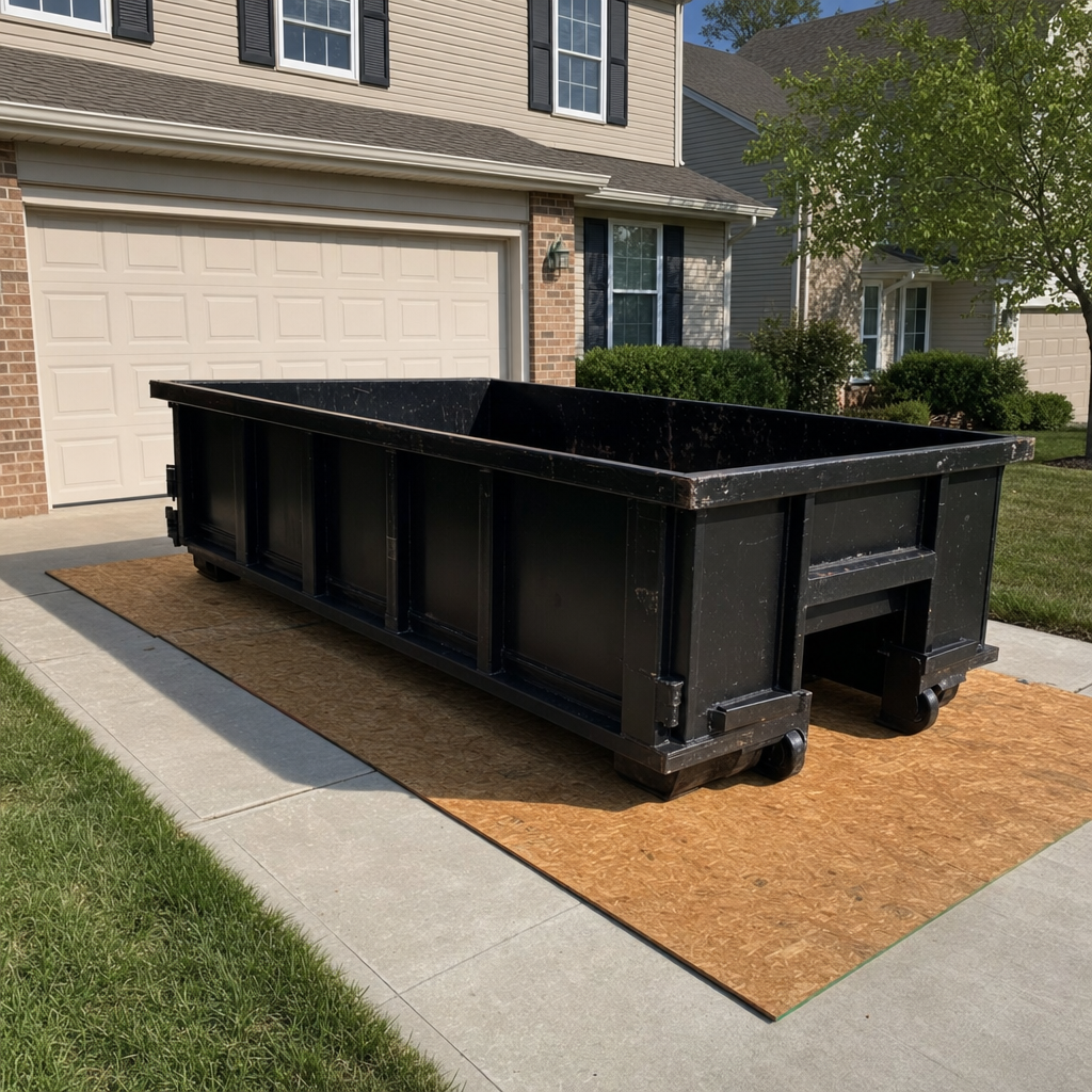 Matte-black residential roll-off dumpster set on protective wooden planks across a suburban Addison driveway, garage door closed, single-family home in background, bright morning daylight