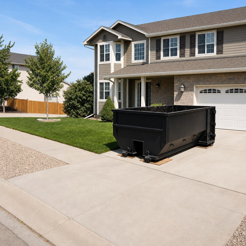 10-yard matte-black residential dumpster placed on wooden plank protection in a narrow Addison driveway, room remains for a parked sedan beside it, mid-morning natural light