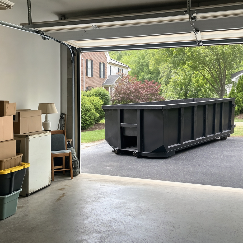 Open garage interior in a Addison home mid-cleanout — boxed items, an old appliance, and stacked yard tools queued near the driveway for a matte-black roll-off dumpster, organized and calm
