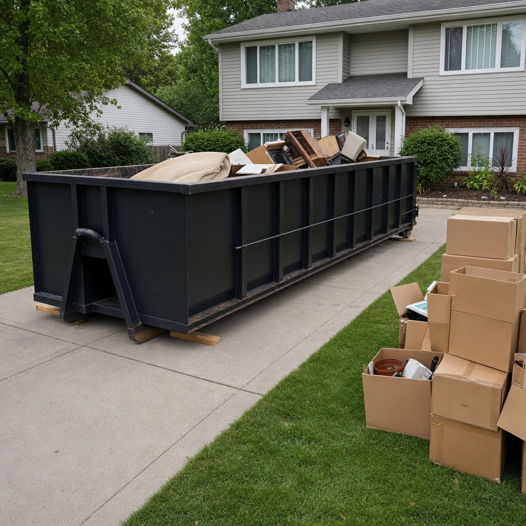 Front-yard view of a Addison split-level home with a 20-yard matte-black roll-off dumpster on wooden planks in the driveway, a few clearly labeled donation boxes staged at the curb, calm sunny afternoon