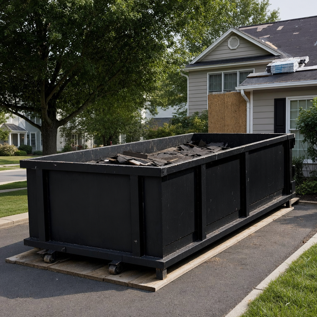 Matte-black roofing roll-off dumpster placed on protective wooden planks in a Addison residential driveway, a tear-off crew on a two-story asphalt-shingle roof tossing shingle bundles into the low-walled container, bright daylight, documentary 35mm perspective