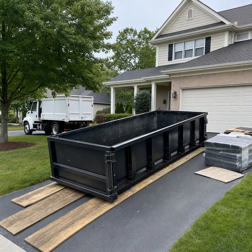Matte-black 15-yard roofing roll-off dumpster with reinforced low side walls on protective wooden planks in a Addison driveway, three-tab asphalt shingle bundles stacked nearby, bright outdoor daylight, documentary 35mm
