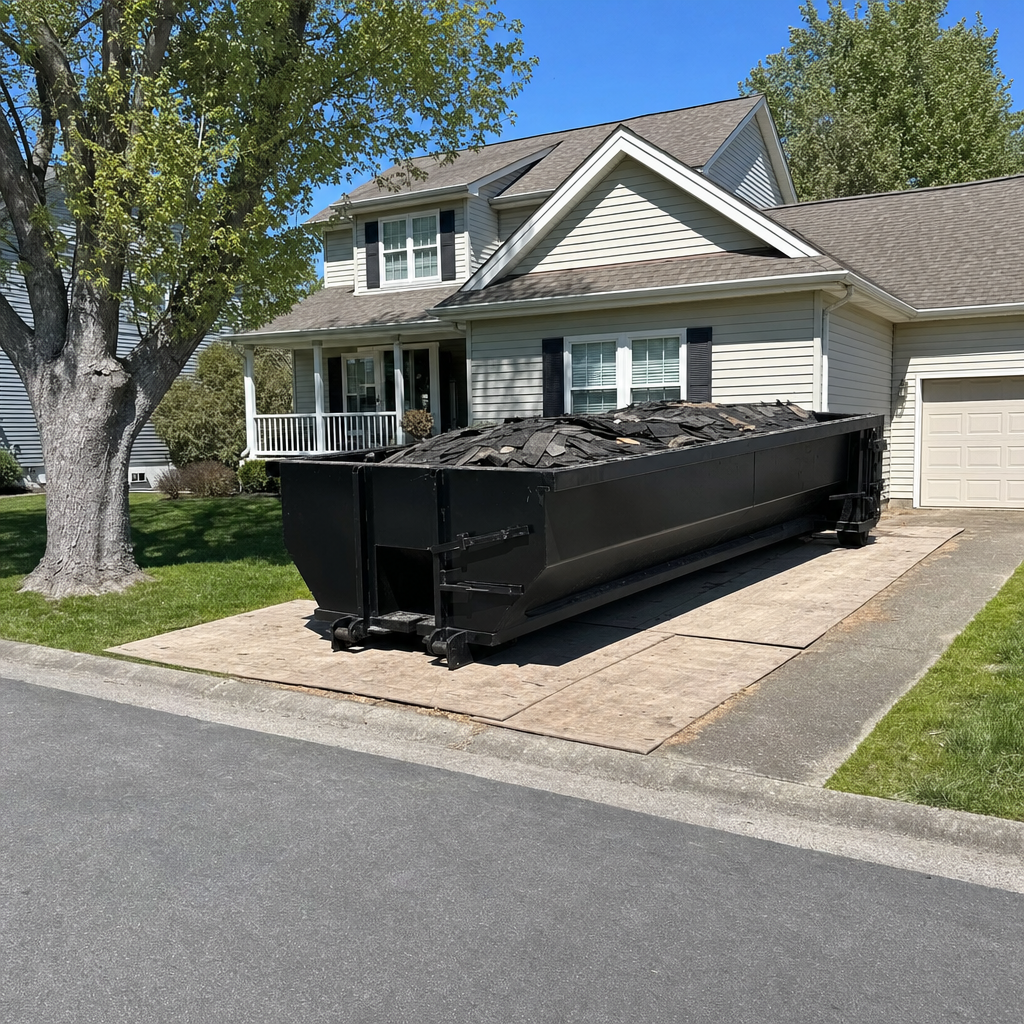 Matte-black 20-yard roofing roll-off dumpster with steel ribbed sides and swinging rear door, positioned on wooden driveway protection planks at a two-story Addison home, asphalt shingle debris being loaded over the low wall, clean documentary lighting