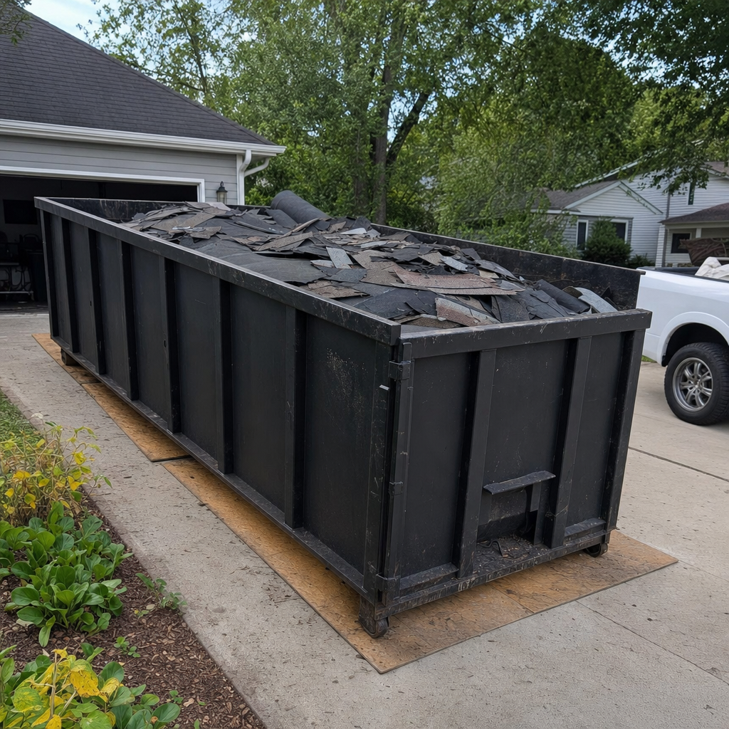 Matte-black 30-yard roofing roll-off dumpster on wooden planks in a Addison driveway, taller ribbed steel side panels, mixed tear-off debris of asphalt shingles and underlayment inside, professional documentary daylight