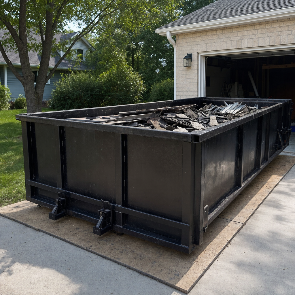 Matte-black low-wall heavy-debris roofing roll-off dumpster on protective wooden planks in a Addison driveway, broken concrete clay roof tiles and metal panel sections loaded inside, reinforced ribbed steel side walls visible, bright outdoor daylight