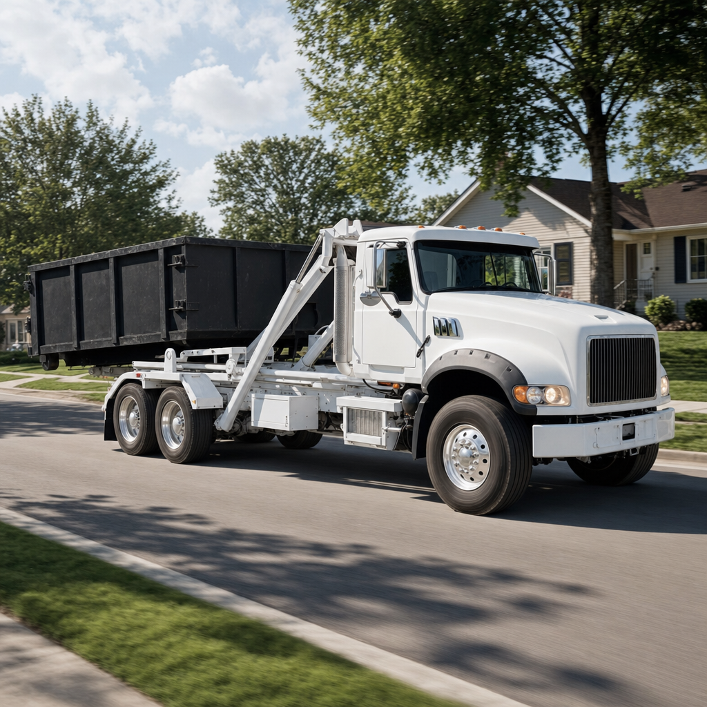A wide documentary shot of a matte-black roll-off delivery truck pulling onto a quiet Addison residential street at mid-morning, with neighborhood rooftops and tree-lined blocks visible behind, showing the metro coverage footprint.