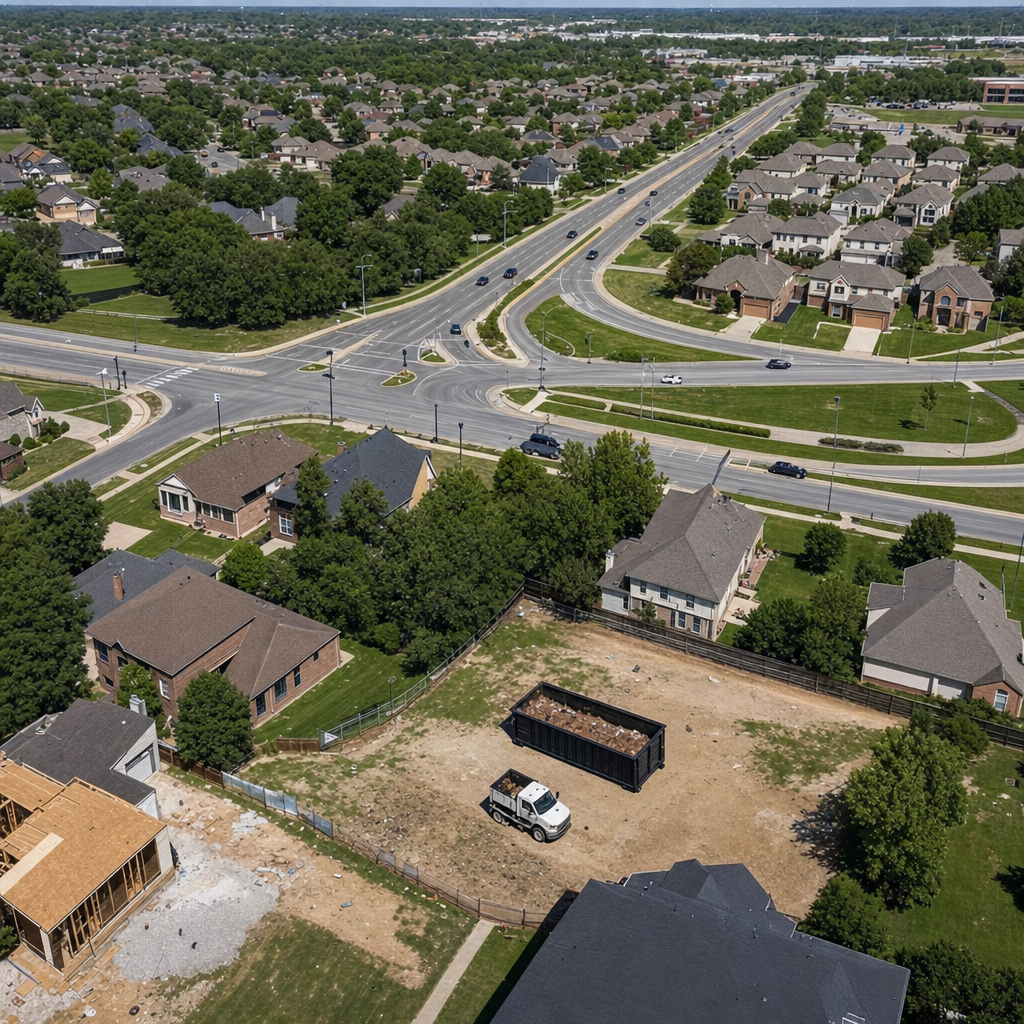 An overhead documentary view of the Addison metro area at midday, showing the spread of neighborhoods, arterial roads, and the dispatch radius from a central yard — clean daylight, organized geographic layout.
