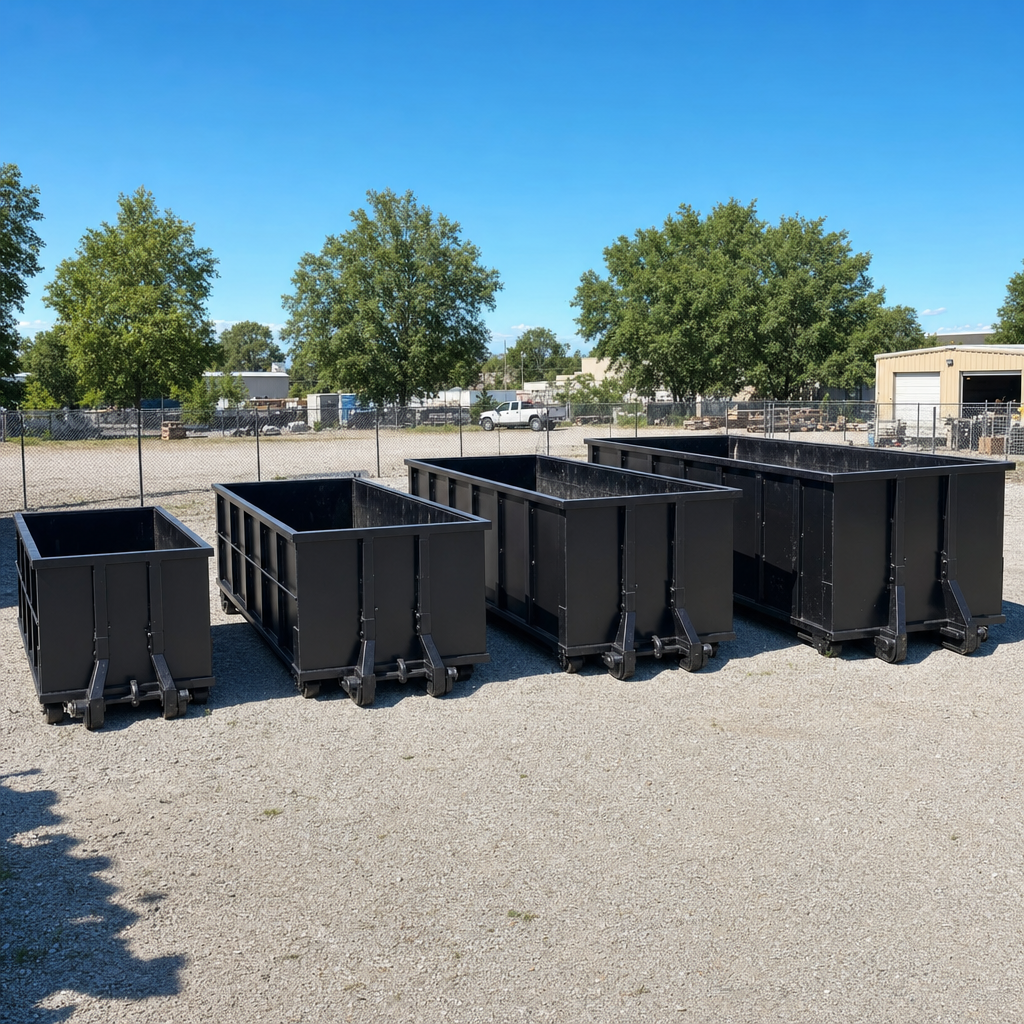 A clean lineup of matte-black roll-off dumpsters in 10, 20, 30, and 40-yard sizes staged on a sunlit gravel yard in Addison, showing the size progression from compact to commercial-scale containers.