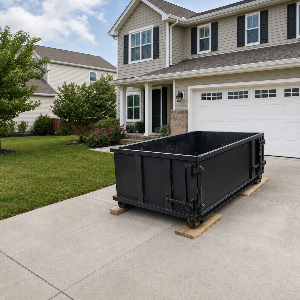 A matte-black 10-yard roll-off dumpster sitting on protective wooden planks in a residential Addison driveway, mid-day sunlight, clean and ready for a garage cleanout.
