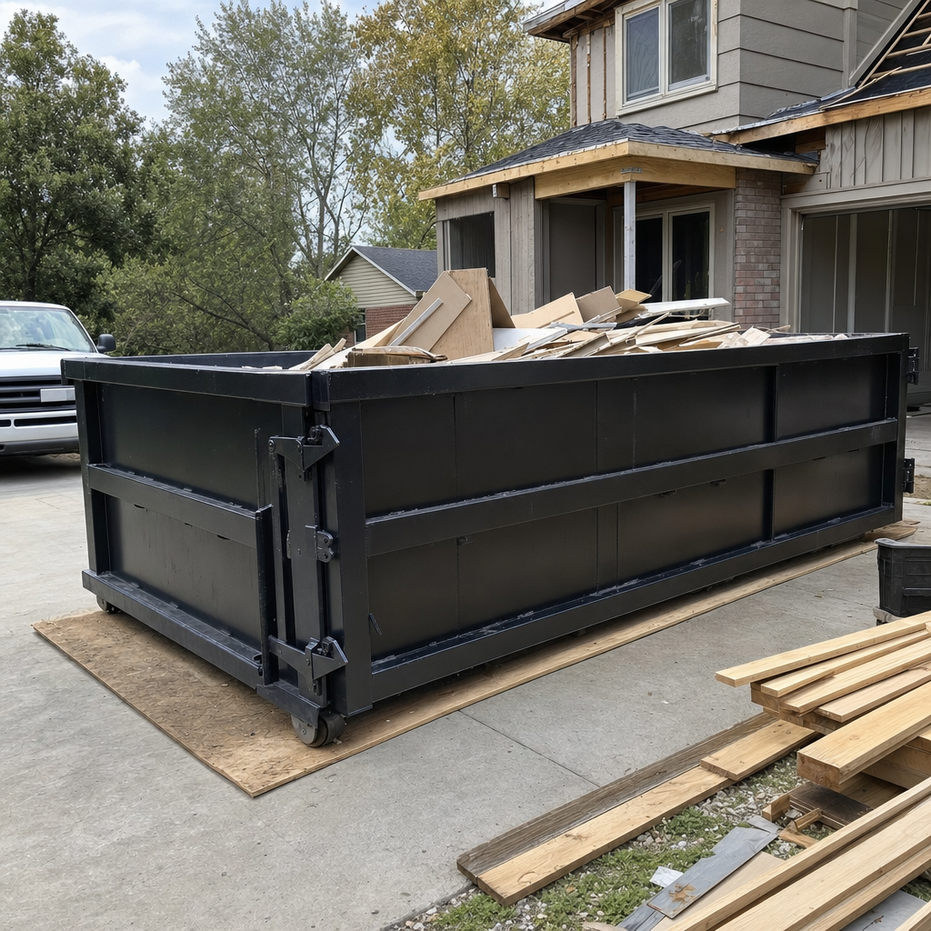 A matte-black 20-yard roll-off dumpster placed on wooden planks alongside a mid-renovation Addison home, with framing materials and torn-off shingles staged neatly nearby.