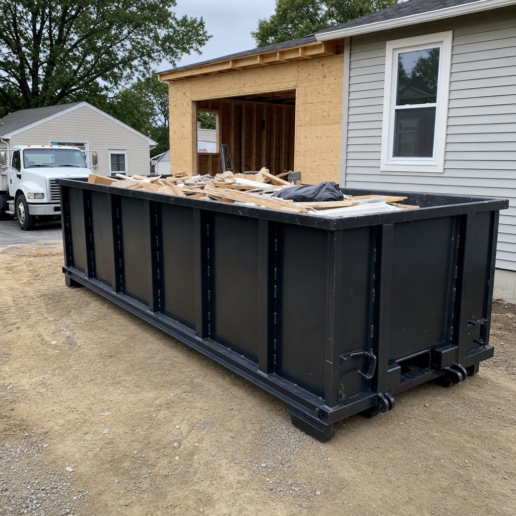 A matte-black 30-yard roll-off dumpster positioned at a Addison residential addition jobsite, with framing lumber and drywall scraps loaded through the open swinging rear doors.