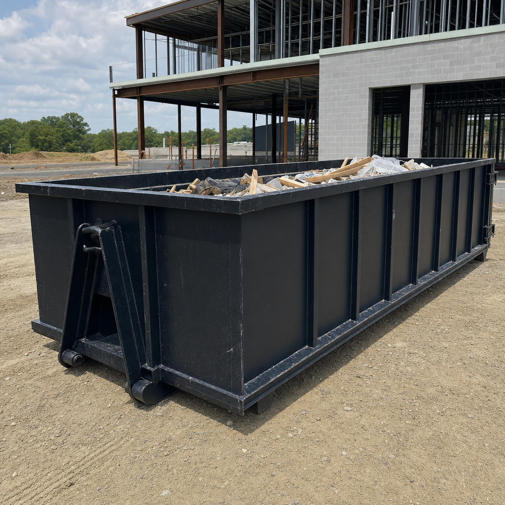 A matte-black 40-yard roll-off dumpster staged on a large Addison commercial construction lot, with a hooklift delivery truck parked alongside under bright midday sky.