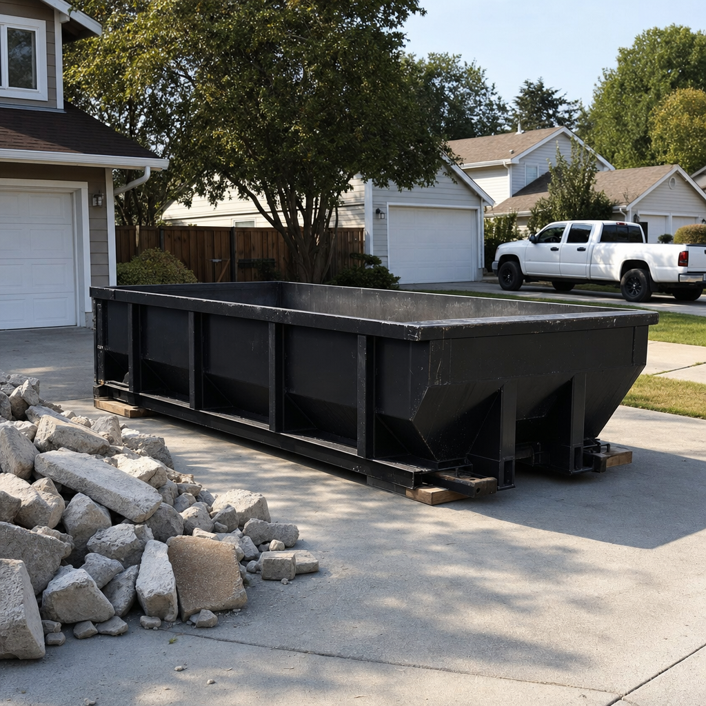 A matte-black low-side reinforced concrete dumpster placed on heavy wooden planks in a Addison driveway, with broken concrete chunks neatly stacked beside it under clean daylight.